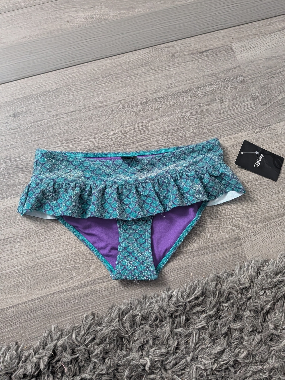 Disney Womens Teal Mermaid Print Ruffle Bikini Bottoms with Purple Lining